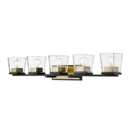 Z-Lite Bleeker Street 5 Light Vanity, Matte Black & Olde Brass & Clear 475-5V-MB-OBR